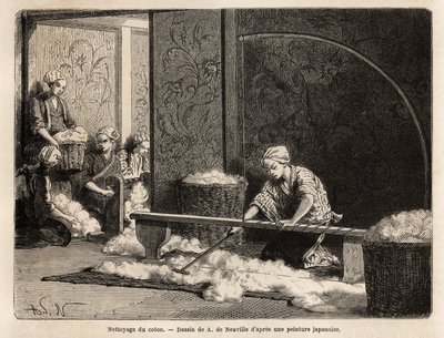 La pulizia del cotone, in un laboratorio nel quartiere settentrionale di Yedo (o Edo, l