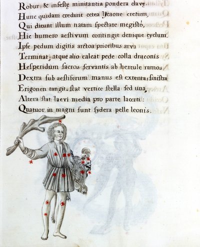 La costellazione rappresentata è quella di Boote, che sostiene i capelli di Berenice con la mano sinistra. Pagina di un manoscritto del XVIII secolo basato sul manoscritto originale 