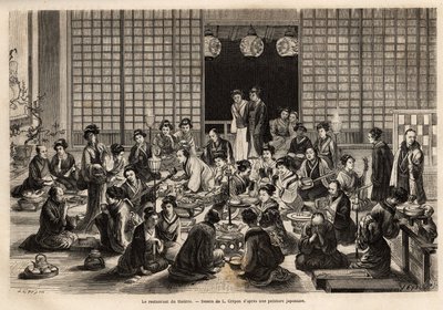 La sala da pranzo del teatro di Yokohama è permanentemente piena, anche durante la rappresentazione. Incisione per illustrare il viaggio in Giappone, di Aime Humbert, ministro della Confederazione Svizzera, nel 1863-1864, pubblicato in 
