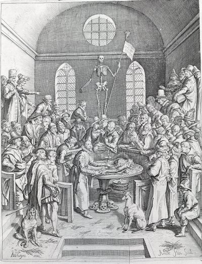 La dissezione. Gruppo di medici e scienziati riuniti per seguire una dissezione in un anfiteatro. Incisione del 1788 da Unknown artist