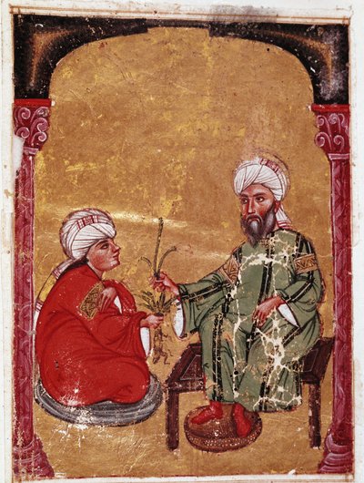 Il medico e botanico Pedanio Dioscoride seduto con uno dei suoi studenti Miniatura dal suo trattato De materia medica da Unknown artist