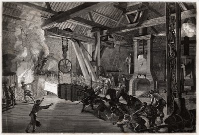 Il martello del tamburino (tamburino) ha la forgia dei grandi lavori; il pezzo enorme da forgiare esce dal forno abbagliante, gli uomini manovrano per portarlo sotto il bastone. Incisione per illustrare un viaggio al Creusot e alle miniere di Saone e Loira da Unknown artist