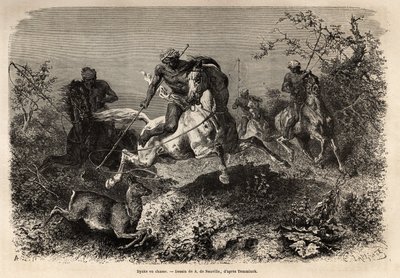 I dyaks (indigeni del Borneo) a caccia, a cavallo e con armi da lasso. Incisione per illustrare il viaggio nell