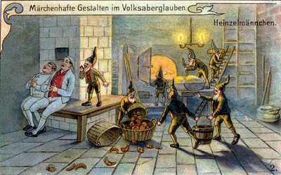 Gli elfi, personaggi meravigliosi della tradizione popolare: preparano il pane mentre i fornai dormono. Cromolitografia del XIX secolo. da Unknown artist