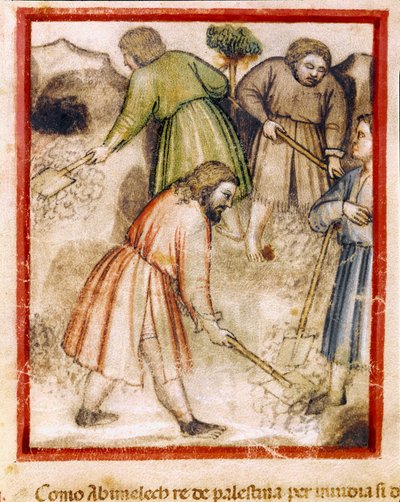 I Filistei invidiosi riempiono i pozzi scavati da Isacco Miniatura dal codice 212 (o codice padovano o Bibbia di Padova) da Unknown artist