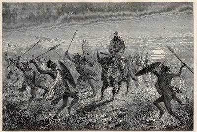 La scorta assegnata al viaggiatore Baker, esegue una fantasia prima di partire per il Lago Alberto (o Albert Nyanza). Incisione per illustrare il viaggio al lago Alberto, dal 1861 al 1864, di Sir Samuel White Baker, in 