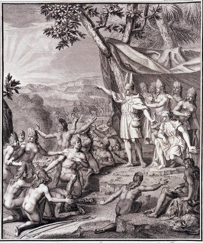 Il primo Inca Manco Capac e la Regina Coya Mama Oello Huaco sua moglie, entrambi figli del Sole, radunano i selvaggi - in "Viaggio Storico del Sud America fatto per ordine del Re di Spagna" di Don Georges Juan & Don Antoine de Ulloa, T.II, ed. Jombert da Unknown artist