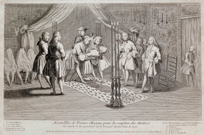 I primi e i secondi supervisori posano il destinatario sulla bara disegnata nella loggia. Il Gran Maestro sta dietro di loro con un martello. I tre uomini coperti da un lenzuolo sono destinatari che non hanno ancora ricevuto l