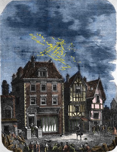 Il primo parafulmine installato da Benjamin Franklin su una casa a Filadelfia (USA). 1760 da Unknown artist