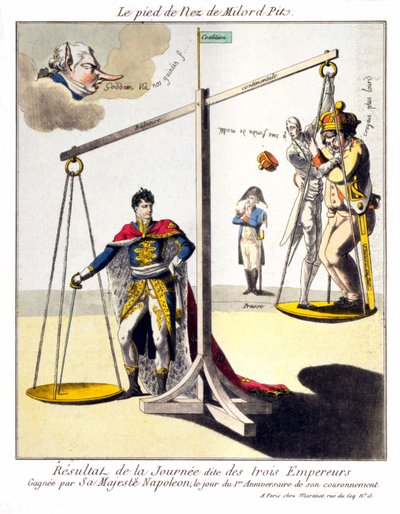 Il piede del Naso di Milord Pit - Il risultato del cosiddetto Giorno dei Tre Imperatori - Vinto da Sua Maestà Napoleone, nel giorno del 1° anniversario della sua incoronazione. Caricatura su Napoleone I e la 3ª coalizione (Gran Bretagna rappresentata da Wi da Unknown artist