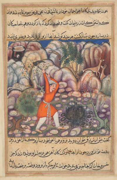 Il quarto uomo scava nel punto in cui ha lasciato cadere la conchiglia, aspettandosi gioielli, ma scoprendo solo ferro, da un Tuti-nama (Storie di un pappagallo): Quarantasettesima notte da Unknown artist