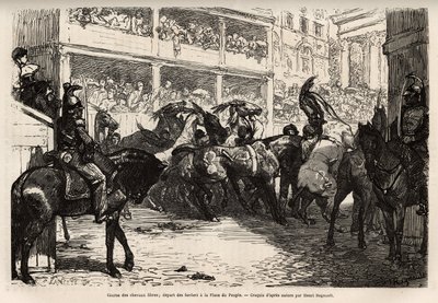 La corsa dei cavalli liberi, organizzata quattro volte durante il carnevale, parte da Piazza del Popolo, poi si lancia al triplo galoppo sul Corso fino a Piazza Venezia, dove vengono consegnati i premi. Incisione per illustrare il viaggio a Roma, di Franci da Unknown artist