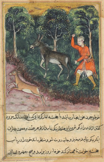 Il giardiniere cattura e picchia un asino che insisteva a ragliare, mentre il cervo, suo compagno, fugge al sicuro, da un Tuti-nama (Racconti di un pappagallo): Quarantunesima Notte da Unknown artist