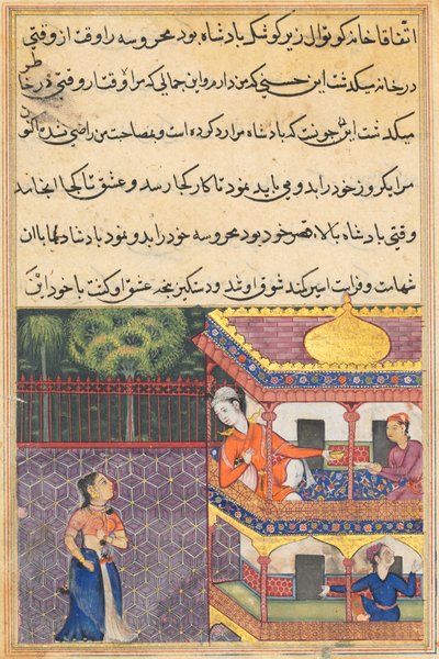 Il re di Zabul vede Mahrusa dal balcone del suo palazzo, da un Tuti-nama (Storie di un pappagallo): Trentaquattresima notte da Unknown artist