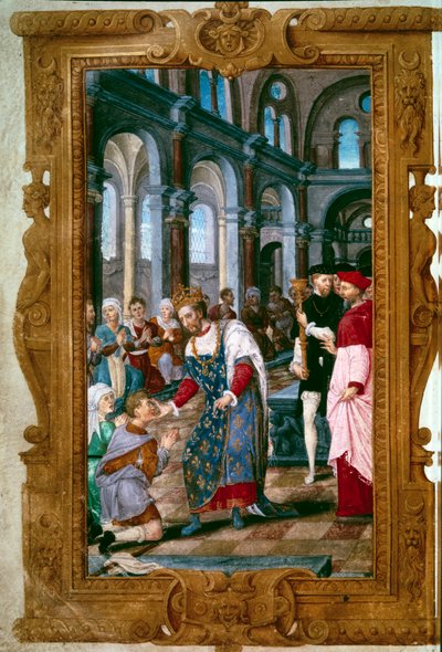 Il re tocca, Dio ti ascolta. Re Enrico II, taumaturgo, guarisce un malato di scrofole nell