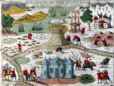 La terra di cuccagna: una terra immaginaria dove si vivrebbe senza lavoro e senza preoccupazioni, in abbondanza e gioia: albero che produce frutta fresca, fiume d