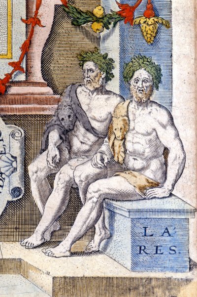Gli dei lares: proteggono la casa e i suoi abitanti (sono gli spiriti degli antenati). Incisione del XVI secolo da Unknown artist