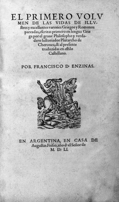 Le vite degli uomini illustri. Frontespizio del libro di Plutarco di Cheronea, anche chiamato "Vite Parallele". Edizione argentina da Unknown artist