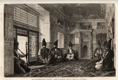 Il salotto di una ricca casa tartara a Schusha (Transcaucasia, Russia), dove gli uomini si riuniscono, seduti sui tappeti per fumare la pipa e chiacchierare. Incisione per illustrare il viaggio nelle province del Caucaso, di Basile Vereschaguine, nel 1864- da Unknown artist