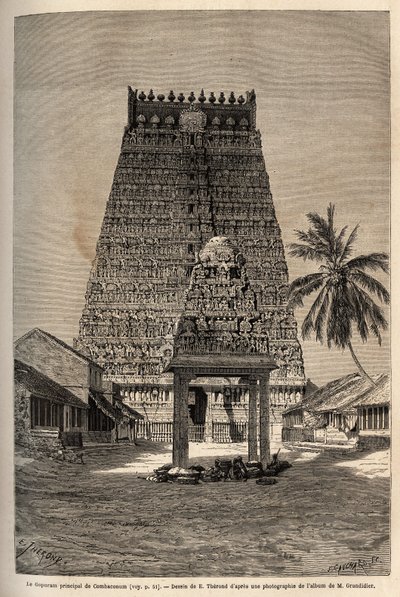 Il principale gopuram del tempio di Rama a Combaronum, composto da 11 piani e sormontato da 11 sfere, le varie facce di questa torre piramidale sono completamente ricoperte di statue. Incisione per illustrare il viaggio nelle province meridionali dell