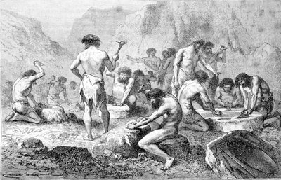 La fabbricazione e la lucidatura della selce da parte degli uomini preistorici a Pressigny. da Unknown artist