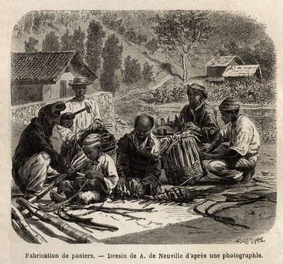 La fabbricazione di cesti di foglie di palma, per la raccolta del caffè. Incisione per illustrare il viaggio in Brasile, racconto di M. e Mme Agassiz, nel 1865-1866, pubblicato in 