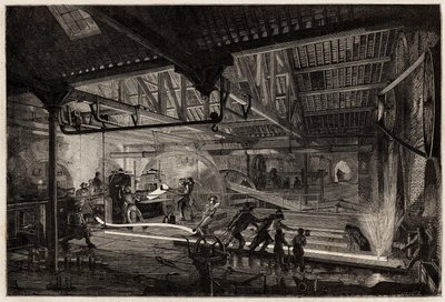 La fabbricazione delle rotaie nelle vecchie fucine di Le Creusot, le strisce di acciaio, bianche di calore, si estendono in rotaie tra i laminatoi. Incisione per illustrare un viaggio a Le Creusot e alle miniere di Saone e Loira, nel 1865, di L. Simonin, i da Unknown artist