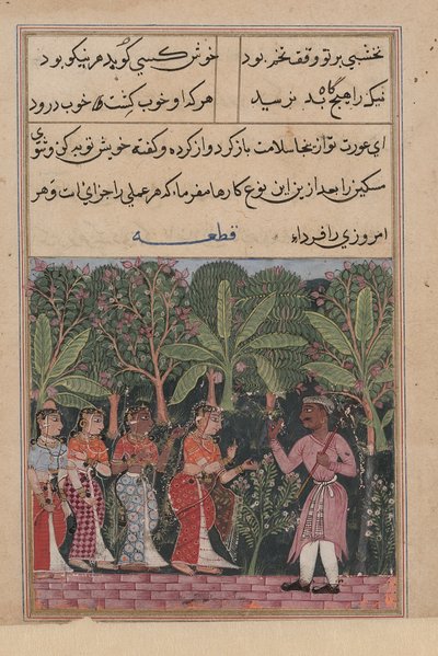 La figlia del mercante incontra il giardiniere, da un Tuti-nama (Racconti di un pappagallo): Dodicesima notte da Unknown artist
