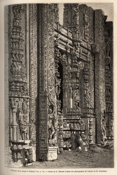 Il portico scolpito di un tempio a Tripetty (o Tirupati, in Andhra Pradesh), un importante luogo di pellegrinaggio indù. Incisione per illustrare il viaggio nelle province meridionali dell