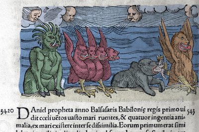 Il profeta Daniele vede apparire mostri: Haniel, Kafziel, Azriel, Aniel. Incisione dal "Libro dei prodigi e degli ostenti" di Wolfhart (Conrad Lycosthene) 1557 da Unknown artist