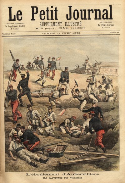 Il salvataggio delle vittime di Aubervilliers, a seguito del crollo del terreno friabile, indebolito dalle manovre dei soldati del 16° battaglione di artiglieria, 5 vittime sono state inghiottite nel crollo. Incisione in "Le petit journal" 11/06/1892 da Unknown artist