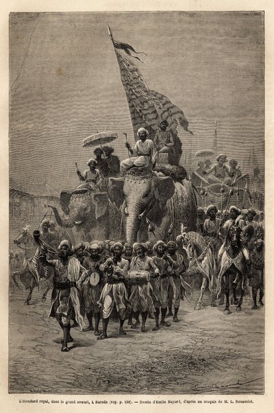 Il vessillo reale, nella sowari (processione militare), a Baroda (o Vadodara), stato del Gujarat sulla costa nord-orientale dell