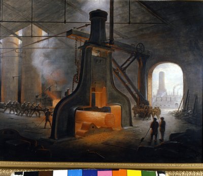 Il martello a vapore, inventato da J. Nasmyth, in azione utilizzato negli impianti metallurgici di Manchester da Unknown artist