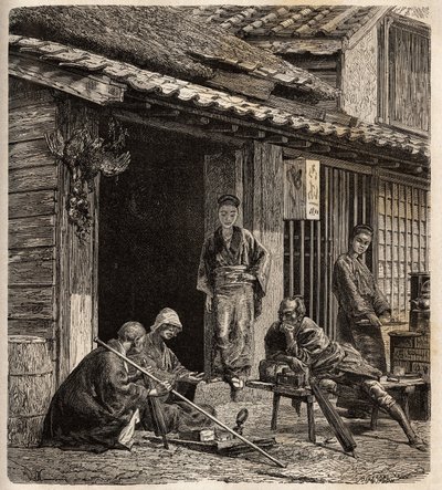 La soglia di una locanda di villaggio in Giappone, le hostess servono i loro ospiti abituali. Incisione per illustrare il viaggio in Giappone nel 1863-1864, di Aime Humbert, ministro della Confederazione Svizzera, in 