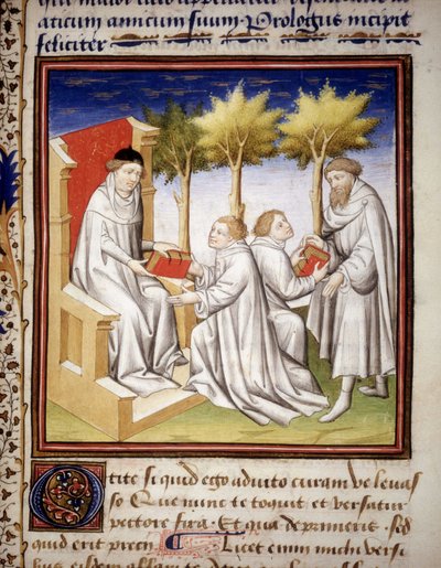La trasmissione della conoscenza alla generazione più giovane. Manoscritto "De Senectute" di Cicerone. 1401. da Unknown artist