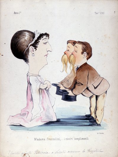 I fratelli gemelli Pelliccia ricevono Erminia Frezzolini, il soprano italiano (1818-1884). Caricatura del XIX secolo. da Unknown artist