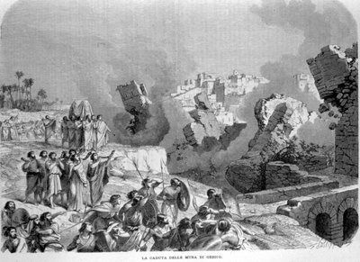 Le mura di Gerico crollarono al suono delle trombe di Osea, permettendo agli Ebrei di conquistarle. Libro di Giosuè. Incisione del XIX secolo da Unknown artist