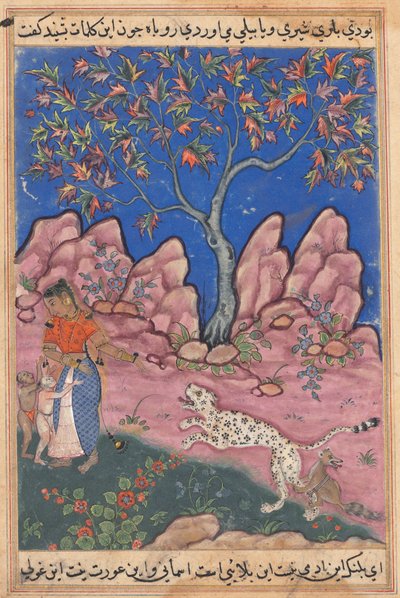 La donna conversa con i suoi figli, mentre il leopardo ritorna, incitato da una volpe legata alla sua gamba, da un Tuti-nama (Storie di un pappagallo): Trentesima notte da Unknown artist