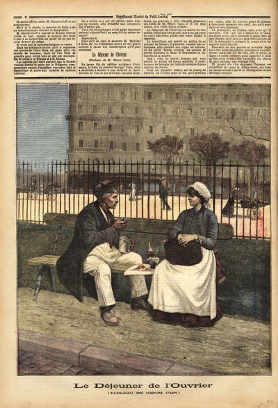 Il pranzo degli operai, riproduzione del dipinto di Henri Cain (1859-1930), pittore e drammaturgo. Incisione in 