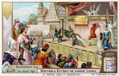 Teatro: rappresentazione di un mistero nel Medioevo - Cromolitografia Liebig da Unknown artist