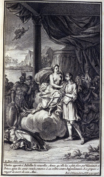 Teti porta ad Achille le nuove armi che gli ha fatto Vulcano; e questo principe, dopo averle ricevute, rinuncia alla sua rabbia contro Agamennone e si prepara a vendicare la morte del suo amico. Illustrazione del libro XIX dell