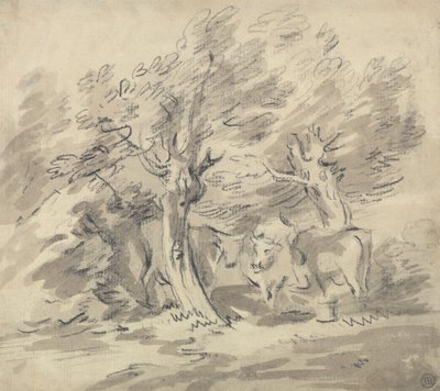 Tre mucche sotto un gruppo di alberi da Unknown artist