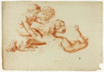 Tre putti che giocano con il cane da Unknown artist