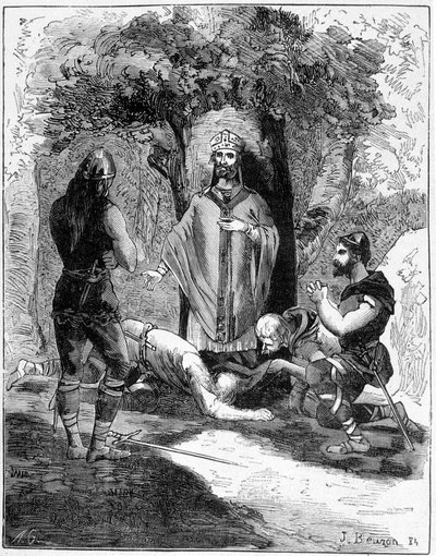 Tre dei carnefici di San Leger (616-677) si gettarono ai suoi piedi per chiedere perdono. Incisione del XIX secolo da Unknown artist