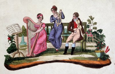 Tre persone che suonano strumenti musicali in un giardino: arpa, lira, viola. Incisione del XVIII secolo. da Unknown artist