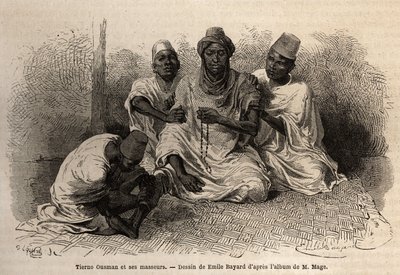 Tierno Ousman, della tribù Toucouleur, capo del villaggio di Guemmou Koura (Mali), che tiene un rosario musulmano con grandi grani, recitando le sue preghiere, mentre i suoi massaggiatori gli massaggiano la schiena e le gambe. Incisione per illustrare il v da Unknown artist