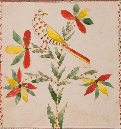 Piccolo uccello giallo e rosso su un ramoscello fiorito da Unknown artist