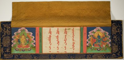 Frontespizio e copertina di un manoscritto buddista con Manjusri (a sinistra) e Mantramanudharani, una dea Pancharaksha (a destra) da Unknown artist