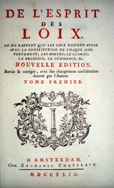 Pagina del titolo di "Lo spirito delle leggi" di Montesquieu. Edizione di Amsterdam 1749 da Unknown artist