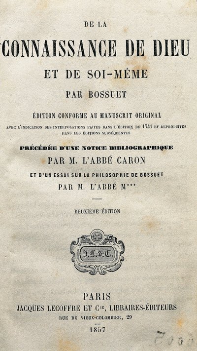 Pagina del titolo di "La conoscenza di Dio e di se stessi" del teologo e vescovo francese Jacques-Benigne Bossuet (1627-1704). 1857. da Unknown artist